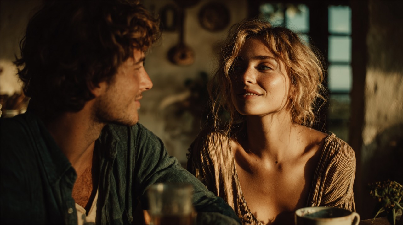 A couple at home in warm evening light, close together and talking through what's ahead.